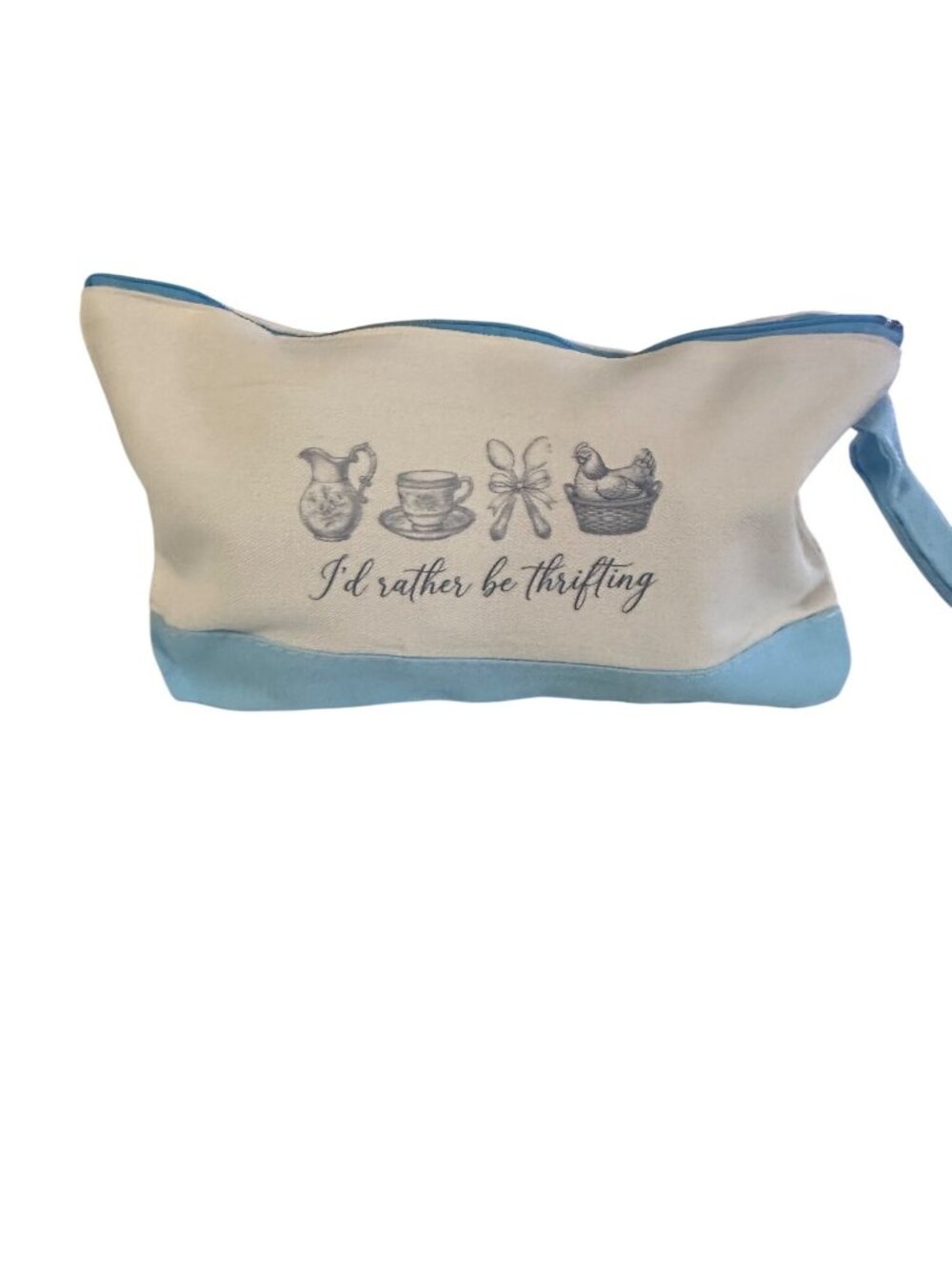 Cotton Canvas zipper pouch light blue and cream makeup,toiletry,travel 10.2 x 5.